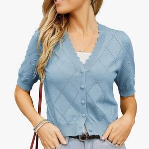 New Coquette Cropped Cardigan Size Large Short Sleeve Scalloped Sweater Blue